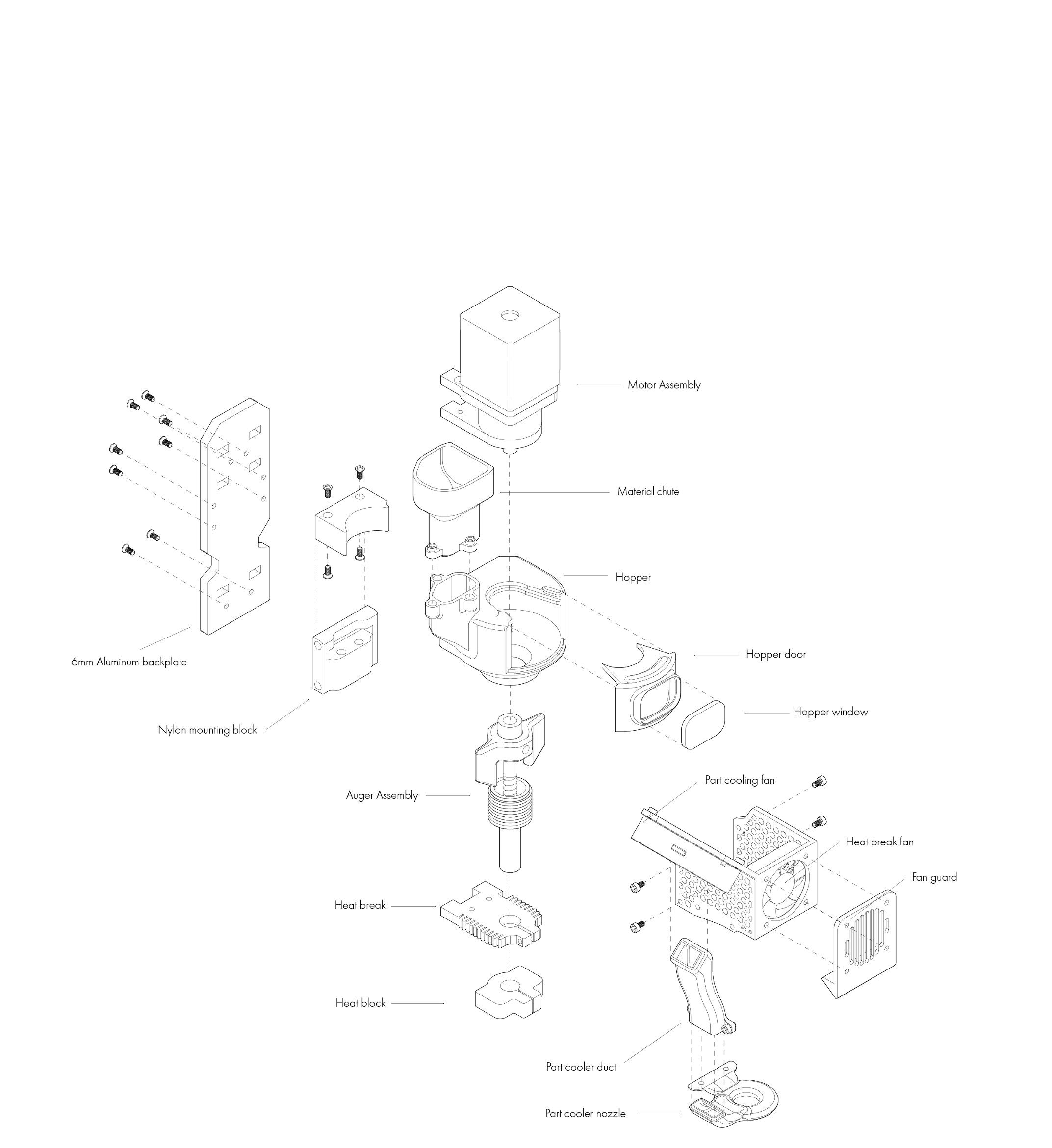 Exploded assembly of the complete extrusion head